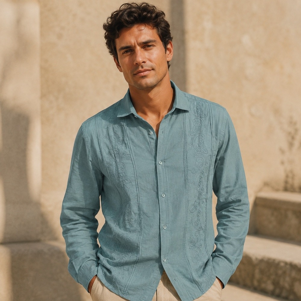 Cubavera Mens Heritage Fit Linen Blend Long Sleeve Guayabera Shirt Teal Blue M